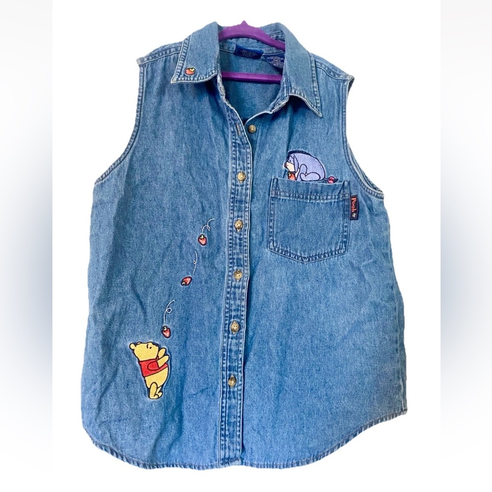 Vintage 90s Pooh Winnie Eyeore Strawberry Denim Chambray Button Down Blouse S